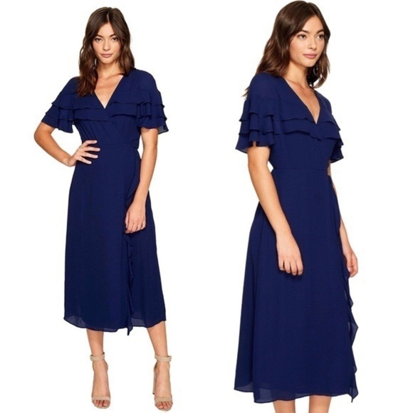 1 State Navy Blue Surplice Neck Short Sleeves Wrap Ruffle Midi Dress S - Picture 1 of 15
